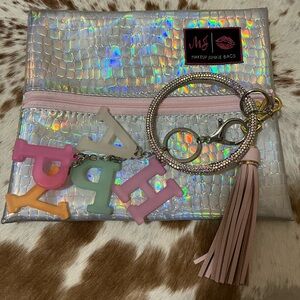 Makeup Junkie size small Holographic Clutch with Pink Tassel